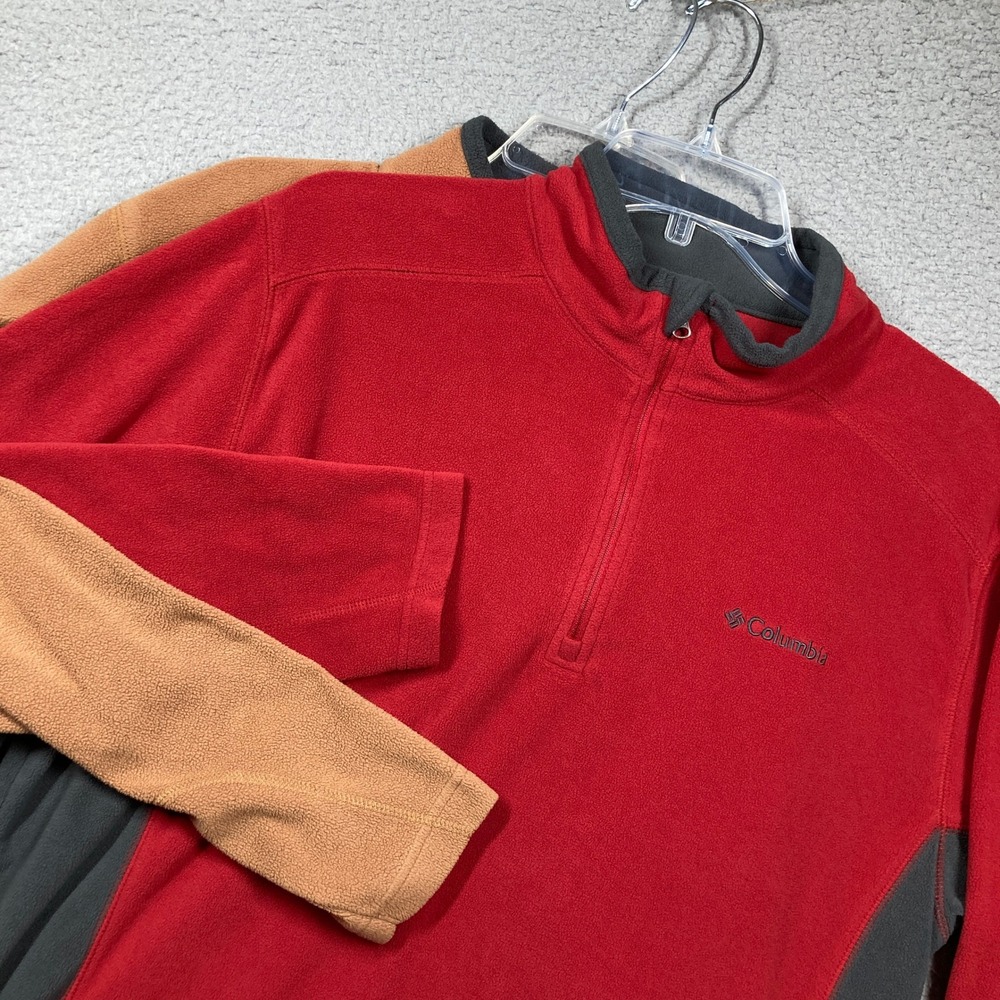 Columbia 1/4 Zip Fleece Pullover Mens L Red Tan Bundle Colorblock 2pk FLAWS